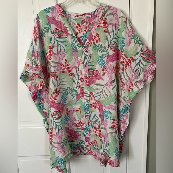 Cynthia Rowley 100% Linen Leaf Print Kimono Cover Up Oversized Pullover Medium - Picture 1 of 11